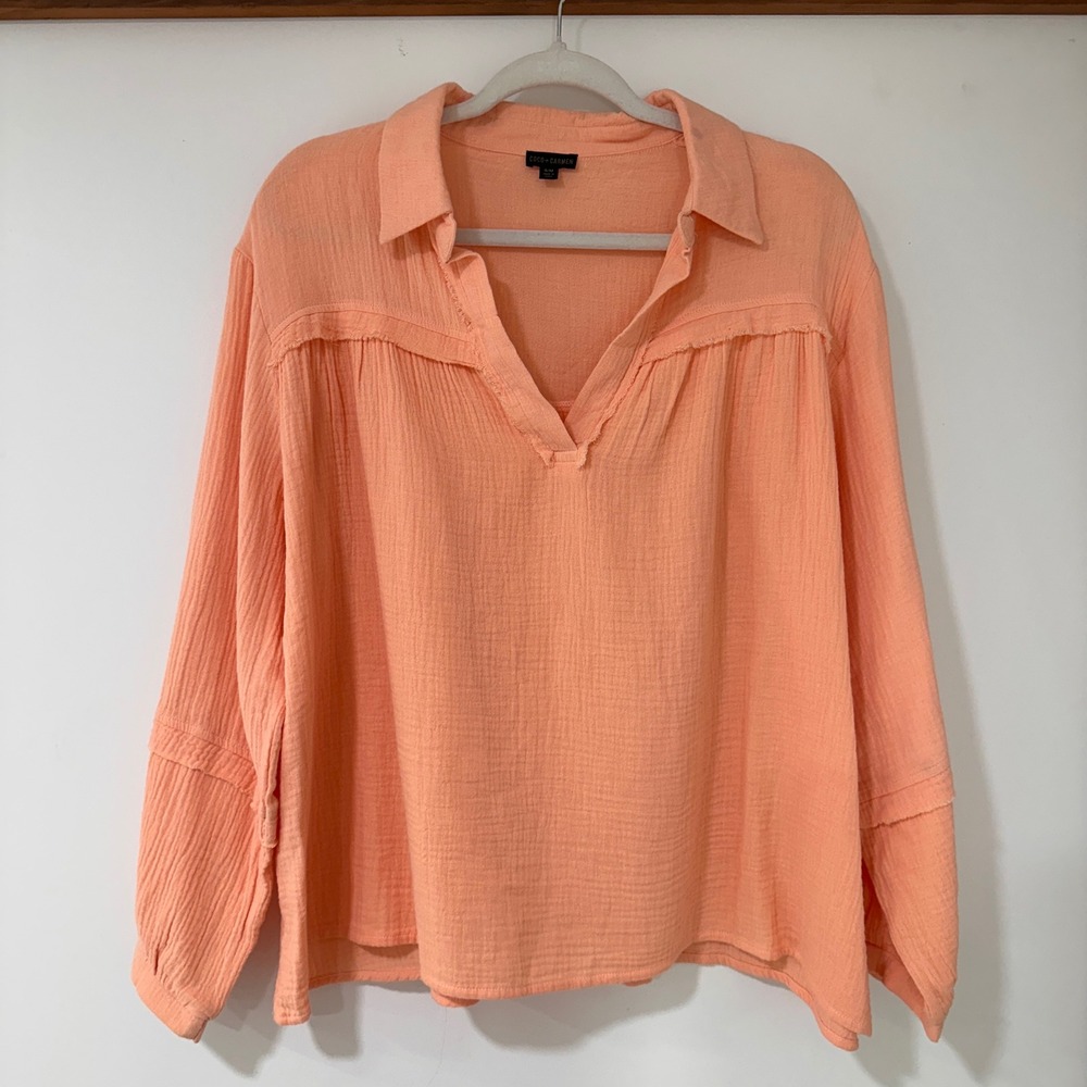 Coco + Carmen Cotton Gauze Tunic Women S/M Peach Raw Edge‎ Trim | Coastal Boho